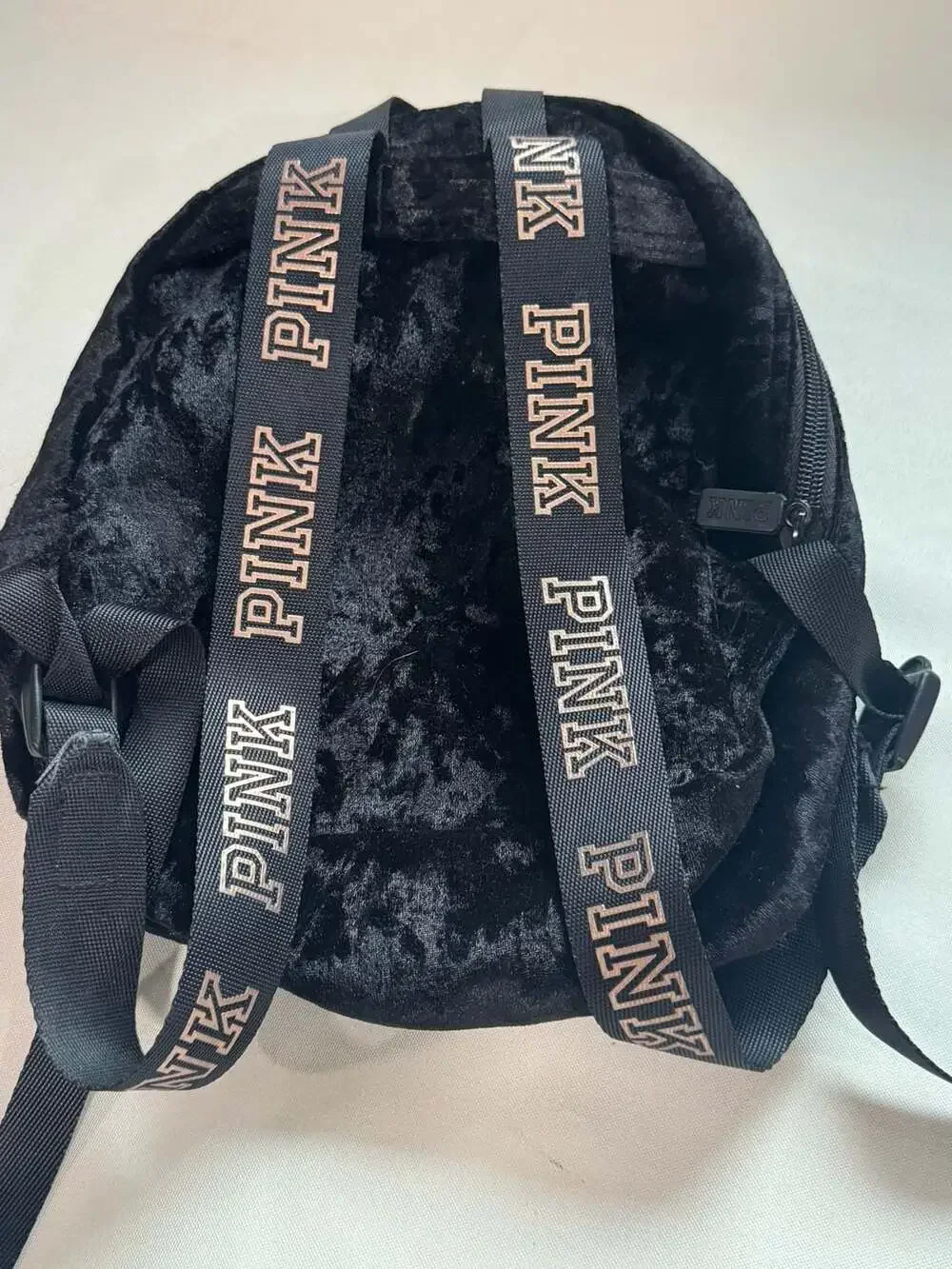 PINK Crushed Velvet Mini Backpack Y2K Logo Strap Black Campus Bag